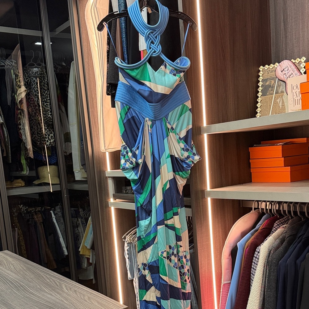 Emilio Pucci Blue and Green Geometric Maxi Dress